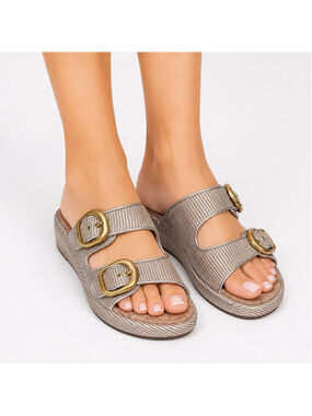 Sam Edelman Nerissa Platform Slide Sandals Gold Raffia Cork Buckle Shoes Womens